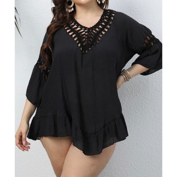 New Black Crochet Short Beach Swim Coverup - Picture 3 of 16